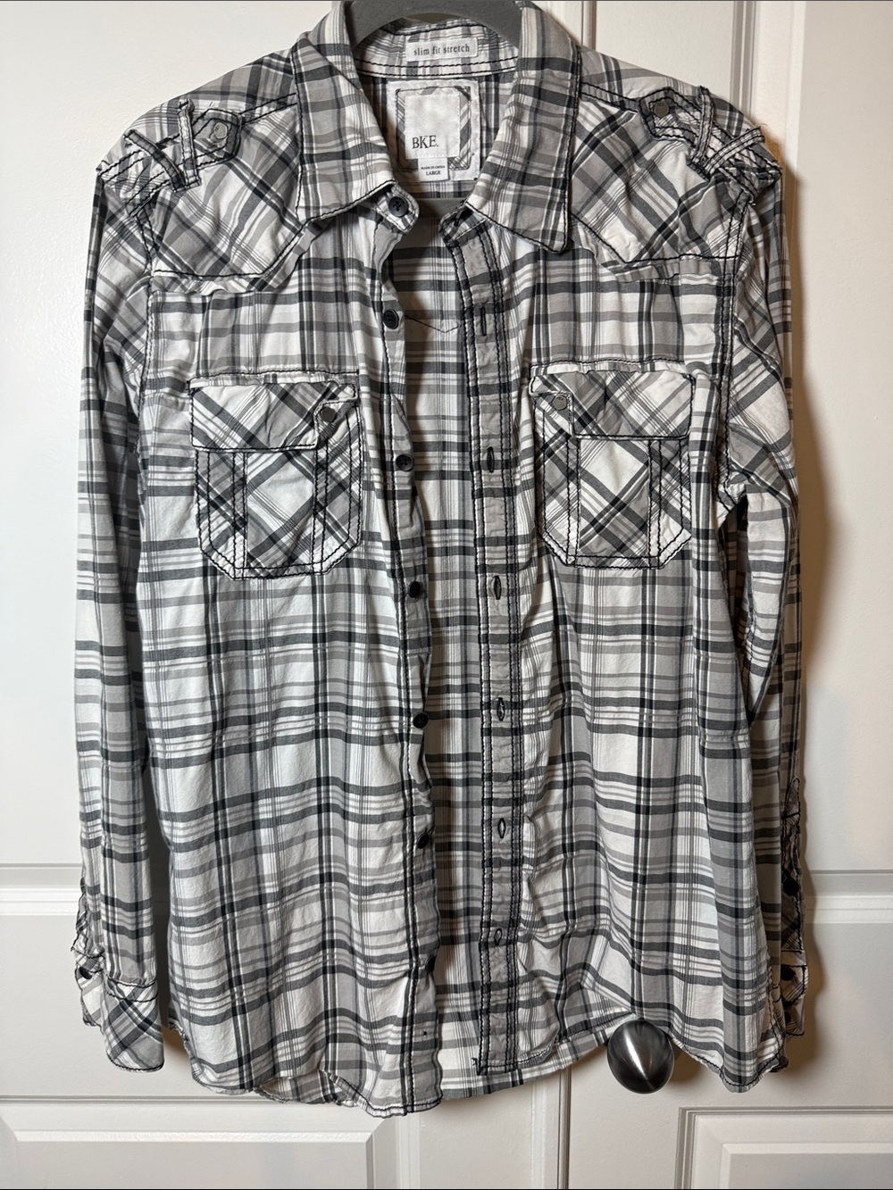 BKE Black and White Plaid Button-Down Shirt for Men